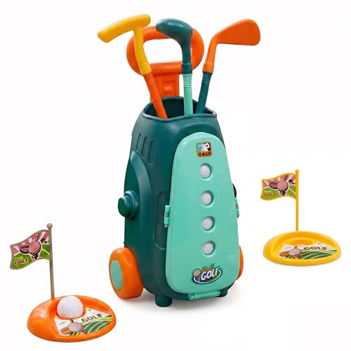 The Magic Toy Shop Kids Golf Set with Rolling Trolley - Includes 3 Clubs, 4 Balls, Target Holes - Indoor & Outdoor Play, Toddler Garden Toys & Games, Early Sports Development