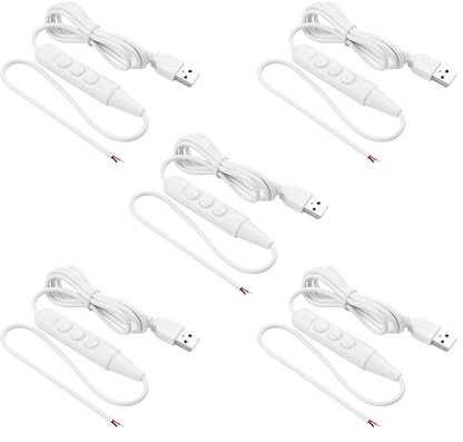 SinLoon USB-Stecker mit Ein/Aus-Schalter an abisolierten Enden, USB 2.0 6-Gang-Dimmschalter-Stromkabel, für LED-Streifen, kleine Tischlampen und andere 5-V-Geräte, 5 Stück, 1,5 m (White)