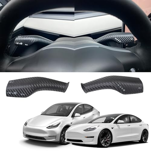 Mteycei Steering Lever Cover Matt Carbon Fiber Pattern 2PCS Compatible with Tesla Model Y 2020-2024 Model 3 2021-2023 Replacement for Model Y/3 Decorative Accessories Car Gear Shift Cover