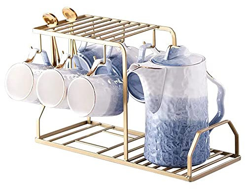 BODHIS 8-teiliges Teeservice aus blauem britischem Porzellan, Keramik-Teeservice für Erwachsene, 1 Teekanne, 6er-Set Kaffeetassen mit Metallständer