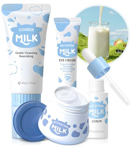 Milk Skin Care Routine Set For Girls, Teen Skin Care Gift Set With Cleanser, Serum, Cream, Eye Cream, Face Skincare Travel Kit For Kids Ages 8-12, Shrink Pores, Hydrating
