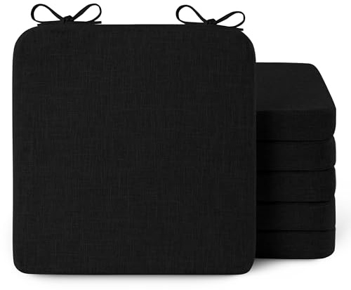 AddGrace Square Chair Cushions for Dining Chairs 6 Pack 16x16x2inch Black | Non Slip, Removable Cover with Ties, Textured Fabric, for Kitchen Dining Room Indoor, Hard Wooden Chairs, Family Gathering
