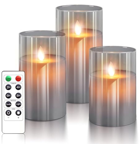 PinnWaa Candele LED, [3 Pcs] Candela Senza Fiamma a Batteria, Tremolante con Telecomando e Funzione Timer, Candela in Vetro per La Decorazione, Festa, Vacanze, Hotel - Grigio