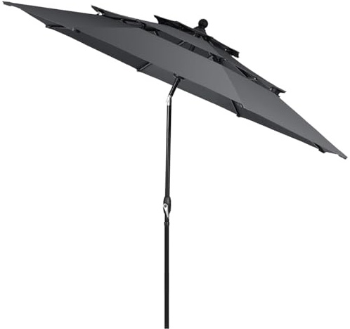 KOMFOTTEU 3M Sonnenschirm, 3 stöckiger Gartenschirm mit doppelter Belüftung & Kurbel, Strandschirm neigbar, 300 × 245 cm, Terrassenschirm für Garten, Pool, Balkon (Grau)