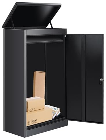 Outdoor Package Delivery Box with Lock – Black Metal Parcel Drop Box, Anti-Theft, IPX3 Waterproof, Weatherproof Mailbox for Porch, Fence & Curbside (127CM/50IN)