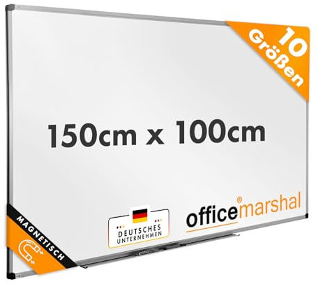 OfficeMarshal Magnetisches Whiteboard 150x100cm mit Alurahmen und abnehmbare Stiftablage für Büro, Heim und Schule, Magnettafel kratzfest und trocken abwischbar | Magnetboard