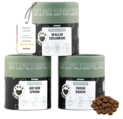 alphazoo Probierset Funktionssnacks 3 x 60g Bundle - Herzförmige Hundeleckerlis mit Enterococcus faecium, Glucosamin, Baldrian - Snacks ohne Getreide & Zucker - Made in Germany
