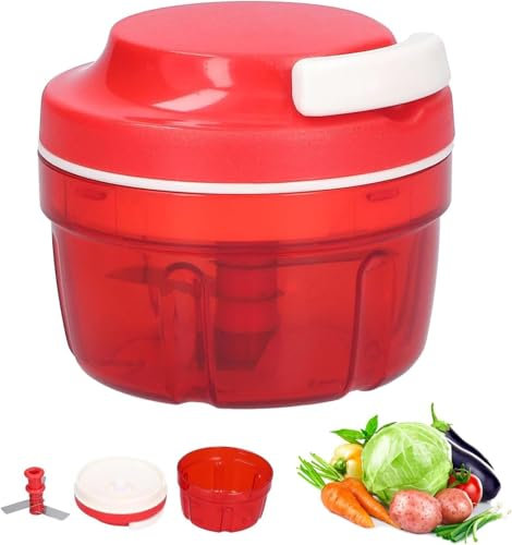 Zwiebelschneider, Zwiebelschneider mit Seilzug, 300ML Rot Zwiebel Zerkleinerer, Manuell Gemüseschneider, Multifunktionszerkleinerer, Küchenzerkleinerer, Haushalt Kordelzug Design Gemüsezerkleinerer