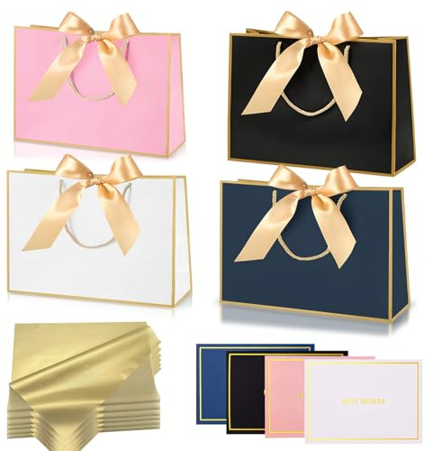 Mittelgroße Geburtstags-Geschenktüten für Geschenke, 4 weiße Papier-Partytüten mit Griffen, 6 Seidenpapier,4 Bänder Grußkarten Papiertüten für Mann Frau Brautjungfer, Hochzeit, Geburtstag (Farbe)