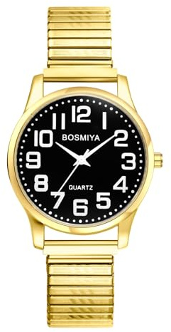 JewelryWe Mens Big Dial Easy Reader Round Quartz Watch Gold/Silver Tone Elastic Band Wristwatch for Father's Day
