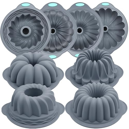Tongjude 4 Pieces Silicone Fluted Tube Cake Pans, 10 Cups Tube Baking Pan, Jello Mold, Silicone Molds for Homemade Cake, Bread and Jello, Non-Stick, Grey