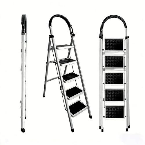 Brstheco Escalera 5 PedañOs con Acero Al Carbono,Escalera Escaleras Plegables Bandeja de Herramientas,Escalera Plegable Alfombrillas Antideslizantes,Carga Maxima 150kg Blanco