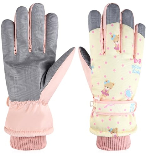 Girls Ski Gloves, Kids Winter Ski Gloves Waterproof Anti Slip Plush Thermal Little Bear Glovess, for 7~12 Years Old Kids Cold Weather Glovess Girls Boys Sledding Snowboard Skating Cycling Running