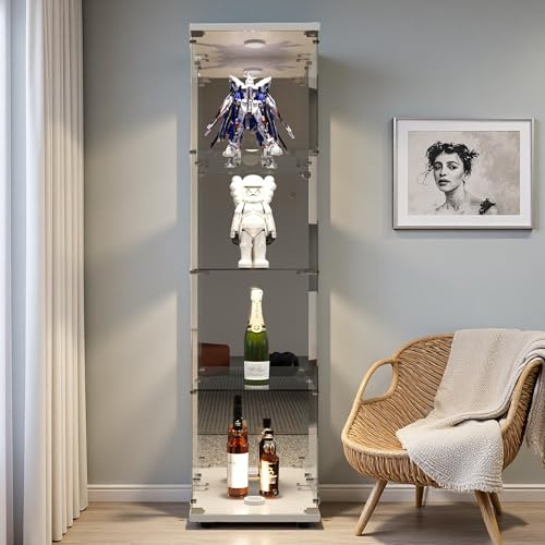 Zorvani Glasvitrine Standvitrine, Glas Holz Vitrine 4-Lagen Sammlervitrine Vitrinenschrank,1 Tür mit LED Und Schloss Glasvitrine Stehend Für Wohnzimmer Schlafzimmer Bücher Wein, Standregal aus Glas