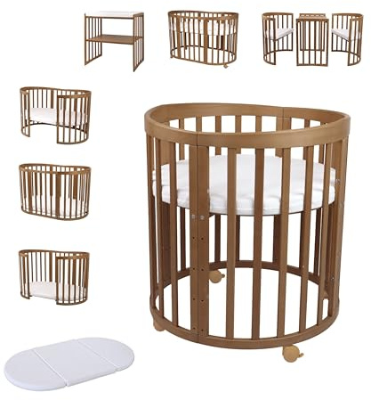 waldin Lit Bébé Ovale 7en1, Matelas, roulettes, Étagère, Vintage
