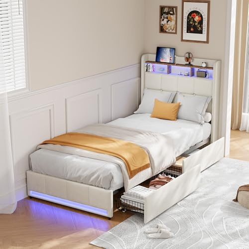 QMTXBYJ Polsterbett Kinderbett 90x200,Jugendbett 90x200 mit Schubladen Stauraum,Einzelbett Multifunktionsbett mit LED-Beleuchtung und USB-Aufladung,Bettgestell mit Lattenrost,Ohne Matratze