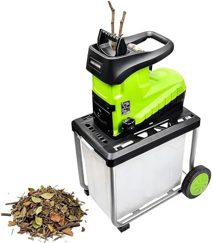 Biotrituratore e cippatrice da giardino, trituratore elettrico per foglie da 2800 W con ruote, contenitore di raccolta da 60 litri, capacità di triturazione rami fino a 45 mm, 5000 giri/min