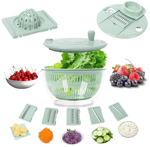 5 in 1 Grips Salad Spinner, 5L Plastic Lettuce Dryer & Vegetable Washer with 5* Blade, Non-Slip Vegetable & Fruit Washer/Dryer, Easy One-Hand Operation for Healthy Eating