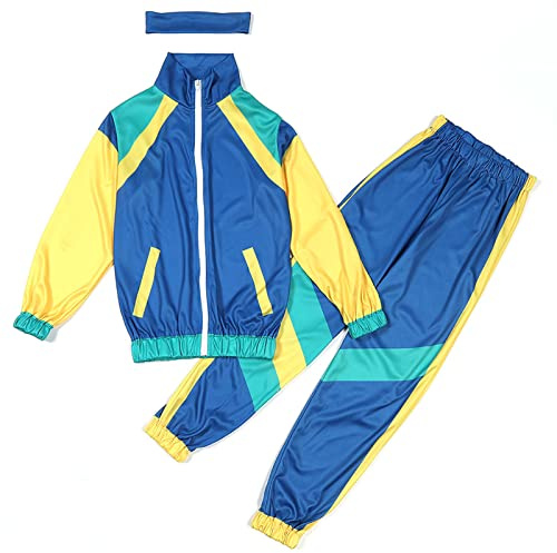 Chándal infantil retro de los años 80 y 90 – Chaqueta y pantalón en estilo vintage como disfraz completo para carnaval, fiestas temáticas y eventos retro, Azul-B., 8-10 años