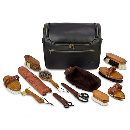 Equimour Set complet de soin - 12 pièces avec trousse | Set de pansage premium 12 pièces : brosse de pansage, brosses, étrilles, ciseaux, cure-pied & trousse en cuir végan