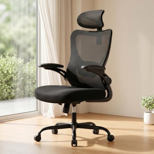 Marsail Bürostuhl Ergonomisch Schreibtischstuhl: Ergonomischer Bürostuhl mit 2D-Kopfstütze, 2D-Lendenwirbelstütze, klappbaren 3D-Armlehnen, 8 cm Sitzkissen, Höhenverstellung und 300 LB Belastbarkeit.