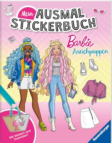Ravensburger Mein Ausmalstickerbuch Barbie - Anziehpuppen, Sticker ausmalen und eigen Outfits designen, Anziehpuppen Stickerbuch ab 4 Jahre, über 300 Sticker zu Barbie Kleidung und Zubehör