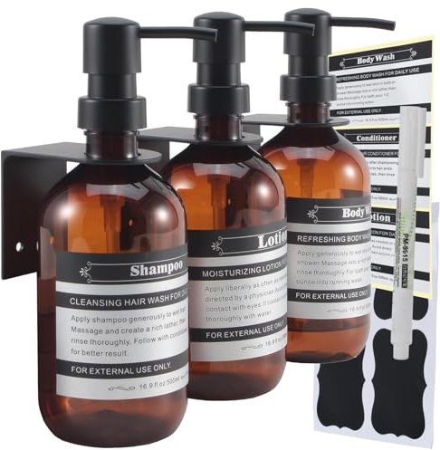 SOOKDEO Dispenser Bottiglia Bagno Cucina Ricaricabile per Shampoo Balsamo Mani Sapone Lozione Doccia Olio con Pompa ed Etichette Impermeabili, 500 ml, Confezione da 3 (ambra, con supporti a parete)