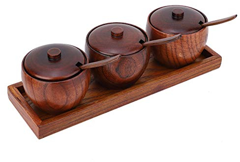 Alvinlite Pot à épices en bois, sucrier en pot d'assaisonnement rétro avec couvercle en cuillère pour le café-bar de cuisine à la maison