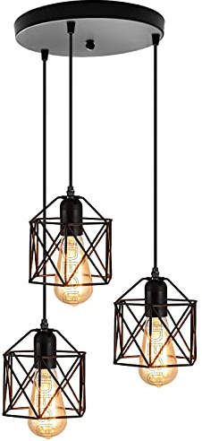 iDEGU Kronleuchter Industrial 3 Lampen, Hängeleuchte aus Eisen, Käfig, quadratisch, 15 cm, Lampenschirm, E27, Deckenlampe für Wohnzimmer, Schlafzimmer, Bar (schwarz)