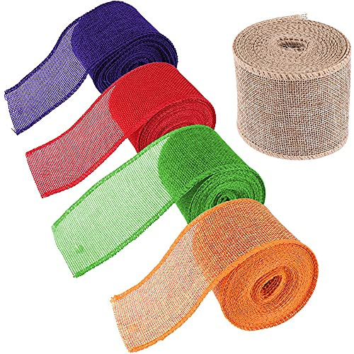 5 Rollen Sackleinenrolle, Dekoband, Stoffband, Natürliches Sackleinen, Juteband mit Draht, Juteband-Rollen, zum Verpacken von Geschenken, Basteln im Herbst und Thanksgiving-Kranz (2,36 * 78,74 Zoll)