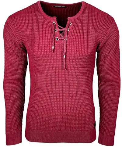 Subliminal Mode Maglione da uomo in maglia con scollo a V con laccio - Stile basic - Vestibilità aderente - Pullover lavorato a maglia invernale a maniche lunghe - Idea regalo BX52132, bordeaux, XL