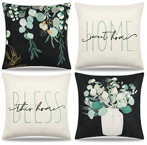 Dremisland Kissenbezug 45x45 4er Set Kissenbezüge Beige und Schwarz Eukalyptus Dekokissen Leinen Sofakissen Zierkissenbezug Alphabet Kissenhülle Floral Couchkissen für Couch Bett Wohnzimmer Balkon