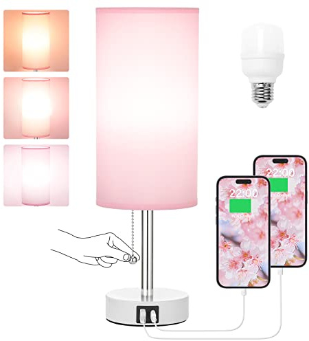Hong-in Pink Bedside Lamp - 3 Color Modes, Small Lamp with USB-C and USB-A Charging Ports, Pull Chain, Nightstand Light for Bedroom, Office, Kids Room (Bulb Included)