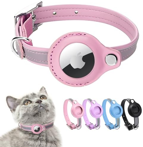 Airtag Katzenhalsband,Leder Halsband Katze,Reflektierend Verstellbar GPS Hülle für Tracking Anti-verloren,für große/mittelgroße/kleine Katze(XS,Rosa …