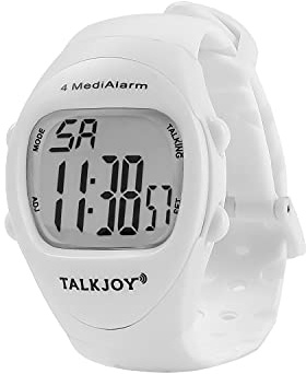 SPANISCH sprechende Armbanduhr mit 4 Alarmzeiten Wecker weiß, 4 Pillenwecker pro Tag