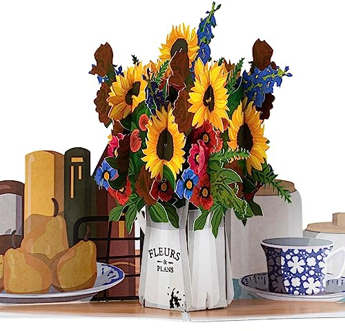 Cardology – Pop-Up-Karte, Geburtstagskarten für Sie, Muttertagskarten, Glückwünsche zu Ihrem neuen Zuhause, Dankeskarten oder Genesungskarten, handgefertigt (Sonnenblumen, 15 cm x 20 cm)
