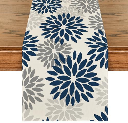 Artoid Mode Blumen Blau Dahlien Winter Tischläufer, Saisonnal Küche Tisch Dekoration Drinnen Urlaub Party Dekor 40x180 cm