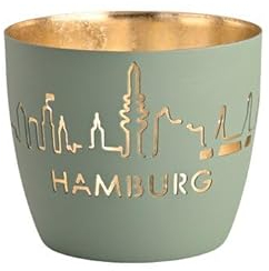 Giftcompany Windlicht Madras Hamburg Skyline Eisen Höhe 8,5 cm Powder Blue Gold