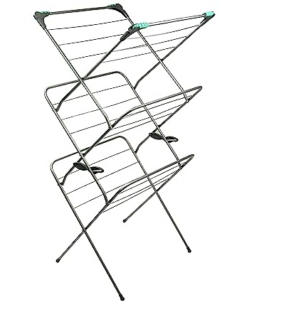 Addis 3 Tier Indoor Clothes Drying Airer Rack with 18 metres drying space, Fold out corner hooks for hangers, Metallic Silver