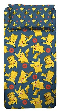 Pokemon - Juego de sábanas para Cama Individual de una Plaza, sábana encimera, sábana Bajera con Esquinas, Funda de Almohada, 100% algodón, Producto Oficial