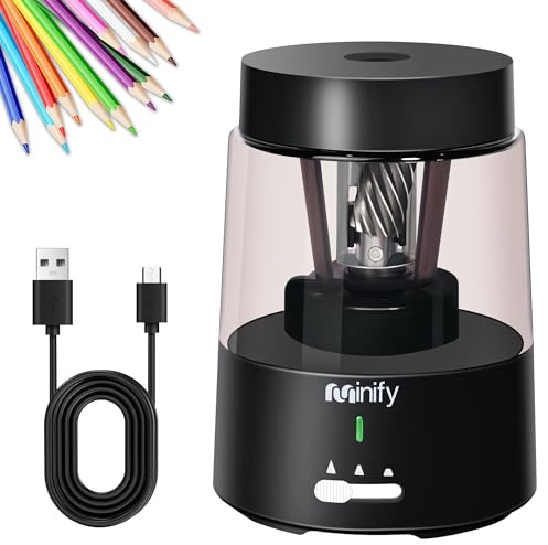 Minify Pencil Sharpener Electric Pencil Sharpener Heavy Duty Blade Rechargeable Battery Powered Pencil Sharpeners for 6-8mm Colored Pencils Auto Stop Fast Sharpen in 3s (Black)