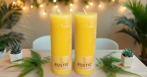 2 Marken Rustik Stumpen von Gala - Goldgelb - 2 Stück - 19x6,8 cm - Dekorativ - Lange Brenndauer - Unparfümiert - Natürliches Pflanzenwachs - Ohne Palmöl - Advent - Weihnachten - Kerzen