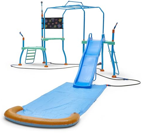 Plum Play Kids Water Slide Outdoor Play Equipment - Toddler Water Toys, Water Gun, Monkey Bars, Sprinkler for Kids, Dump Bucket, Backyard Waterpark with Splash, 3yrs+, Up to 110 lbs (Blaster Course)