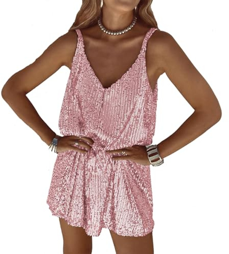 LIAOPUFUS Vestido Corto de Tirantes para Mujeres, Falda de Lentejuelas Relajado Vestido de Tirantes Sexy de Cuello V (005 Pink, XL)