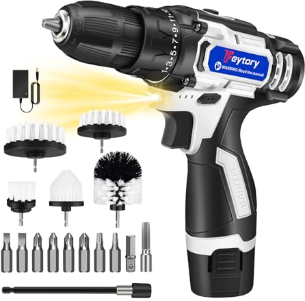 Cordless Power Drill Brush Set，2 in 1 Electric Screwdriver with 5pcs Power Scrubber Brush,45 Nm, 25+1 Torque,1.5AH Battery,LED Light,10PCS Drill Bits,Drill Driver Kit for Home Drilling,Cleaning