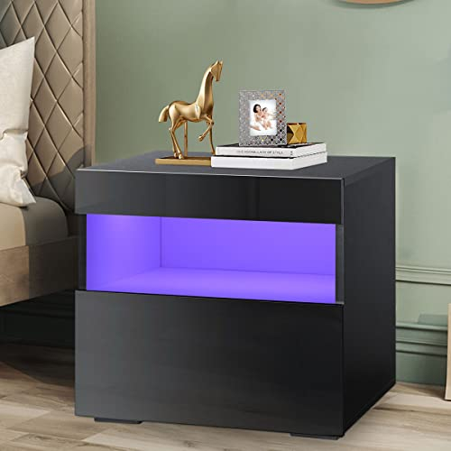 GRFIT Nightstand LED Coffee Tables Tea Table Nightstand Drawer Living Room Furniture Modern Bedside Table File Cabinet Storage Organizer Table (Color : Black)