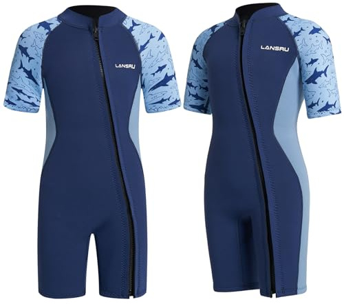 Lansru Muta corta in neoprene SCR per bambini, 2 mm, aggiornata, per ragazzi e ragazze, materiale più sicuro, protezione UV, cerniera frontale per lezioni di nuoto, mantiene caldo in acqua fredda
