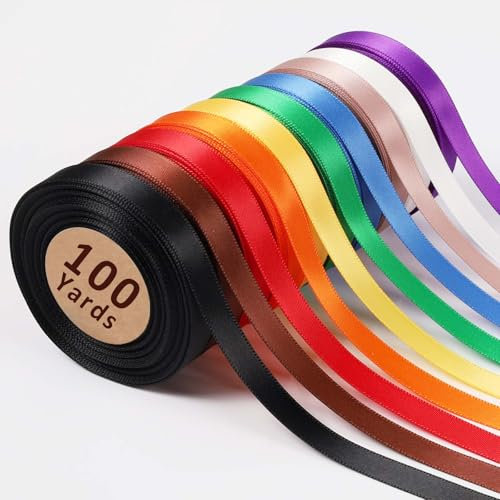LaRibbons 3/8 Inch 100 Yard Satin Ribbon for Crafts,10 Yd/Roll 10 Rolls Double Faced Rainbow Satin Ribbon Pack for Gift Wrapping Floral Bouquets Party Decoration