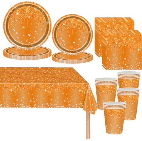 Orange Vaisselle de fete 81 Pièces Orange Jetables Anniversaire Vaisselle Papier Assiettes Papier Tasses Serviettesr Nappe,pour Anniversaire Fête Mariages Fête de Baby Shower Pique-niques-20 Invités