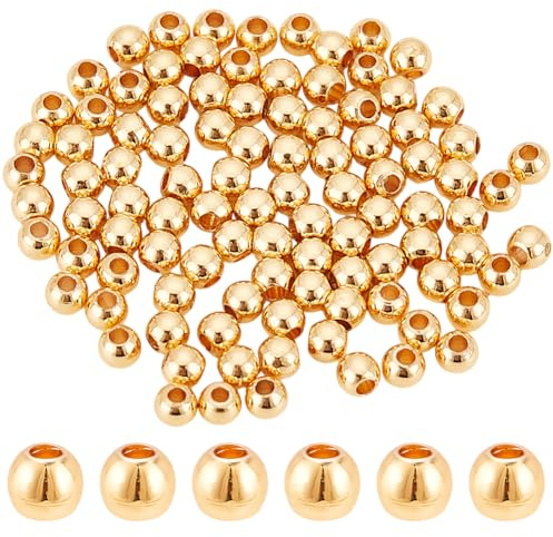 HOBBIESAY 100 perline in ottone liscio placcato oro 14 carati, 3 mm, per la creazione di gioielli, foro: 1 mm